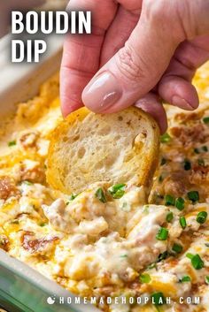 a hand dipping a piece of bread into a casserole dish with text overlay