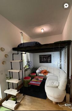 a living room filled with furniture and lots of shelves