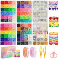 many different types of beads and scissors