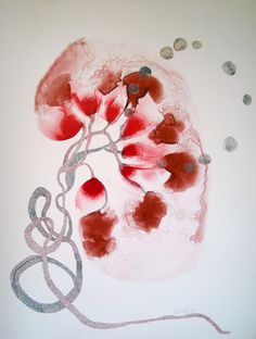 a drawing with red flowers on white paper and silver circles around it, in the shape of a human head