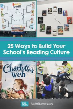 the back cover of 25 ways to build your school's reading culture with pictures of children