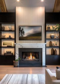 43 Best Living Room Decor Fireplace Ideas - Home Soils Modern Fireplace Wall Living Room Stone, Modern Living Room With Chimney, Fireplace Furniture Ideas, Living Room Fireplace Shelving, Family Room Brick Fireplace, Fireplace With Dark Built In Cabinets, Living Room Built In Cabinets With Fireplace, Modern Fireplace Floating Shelves, Shelving Ideas Around Fireplace