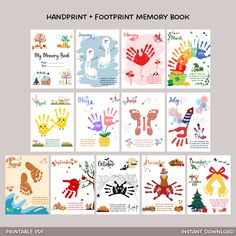 handprint and footprint memory book with different designs on it's front cover