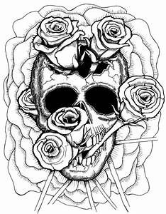 a black and white drawing of a skull with roses on it's head, surrounded by sticks