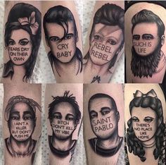 some tattoos that have different faces and words on them