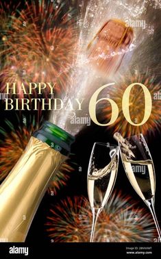 two champagne glasses and bottle with fireworks in the background happy birthday 60 years celebration card - stock image