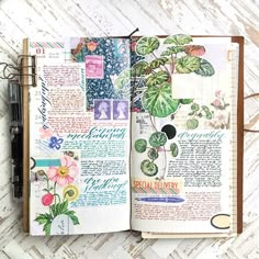 an open journal with flowers and plants on it