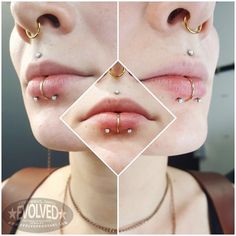 three different pictures of the same person with piercings on their ears and nose rings