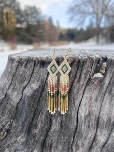 Seed bead earrings handwoven into a diamond pattern with fringe accents. This pair features stunning rose, green, and gold beads. Earrings With Charms, Fringe Earring, Polka Dot Earrings, Beaded Things, Leather Jewelry Diy, Diy Jewlery, Ankle Jewelry, Rose Green, Seed Bead Patterns