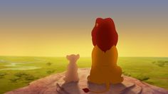 the lion and the mouse sit on top of a rock looking out at the sunset