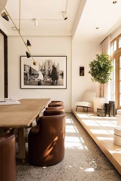 a dining room table and chairs in front of a window