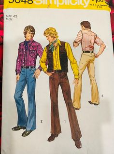 70's Vintage Simplicity Pattern #5048 Size Mens 42 See photo for sizing. This is a 1970's sewing pattern for a men's western shirt, vest and fly front pants.  Pattern is cut. Pattern is complete with instructions.  Envelope has tears, and crumpling Please note: All cut pattern pieces are counted to match pieces on envelope. Factory folded patterns are not checked but I do look inside the envelope to make sure instruction sheet and the correct pattern is in envelope. It is common for vintage patt 60s Fashion Mens, Flared Pants Pattern, 1960s Fashion Mens, Flare Pants Pattern, Disco Outfits, 70s Fashion Men, 70s Mens Fashion, Mens Pattern, 60s Men