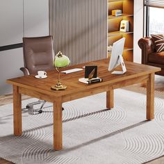 a wooden table with a laptop on it in front of a brown chair and bookcase