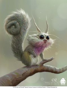 a painting of a squirrel sitting on top of a tree branch with it's eyes wide open