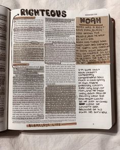 an open bible with the words righteous and noah written in different languages on each page