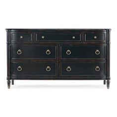 a black dresser with brass handles and drawers on it's sides, against a white background