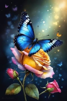 a blue butterfly sitting on top of a pink rose with butterflies flying around the flowers