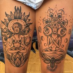 two women's legs with tattoos on them