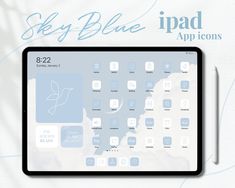 an ipad with the sky blue app icons displayed on it's screen and pen next to it