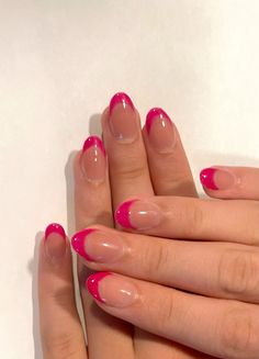 Fuschia Nails French Tip, Hot Pink Nails Glitter Tips, Gel Nail Ideas French Tips, French With Color Nails, Cute Hot Pink French Tip Nails, Dark Pink Tip Nails, Homecoming Nails Hot Pink, Red Or Pink Nails, Nail Ideas Simple Pink