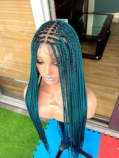 Style: Knotless braided wig Type: frontal wig  Colour: Teal green Length: '30' inches  Cap size: Free ** Ready to ship in 1-3 business days. Style Knotless, Hair Extensions Braids, Knotless Braided Wig, Extensions Braids, Frontal Hair, Braided Wigs, Frontal Hairstyles, Wigs For Sale