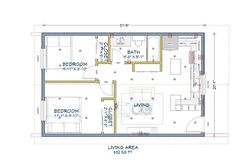 the floor plan for a two bedroom apartment with an attached bathroom and living room area