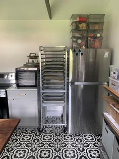 an industrial kitchen with stainless steel appliances and tile flooring