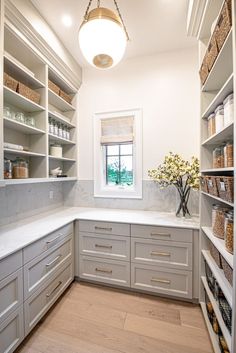 a large pantry with lots of shelves and drawers