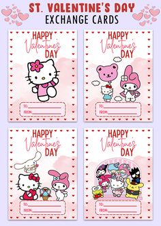 four valentine's day cards with hello kitty and other cartoon characters on the front