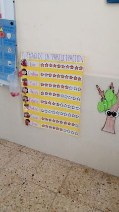 a bulletin board with stickers on it next to a tiled wall