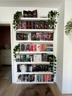 a book shelf filled with lots of books next to a plant on top of a hard wood floor