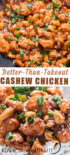 cashew chicken in a skillet with rice and green onions