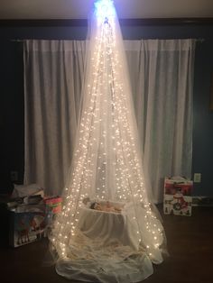 a bed with a white canopy covered in lights