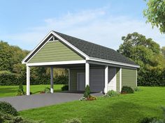 a two car garage is shown in the middle of a grassy area with trees and bushes