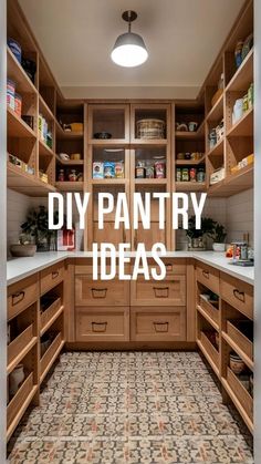 a pantry with lots of wooden cabinets and drawers