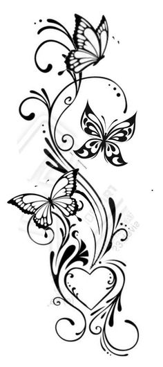 a black and white tattoo design with butterflies