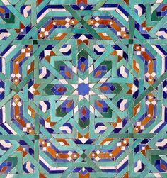 an artistic tile design in blue, orange and green colors with geometric patterns on it