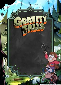 the title for gravity falls with an image of a cartoon character holding a wrench