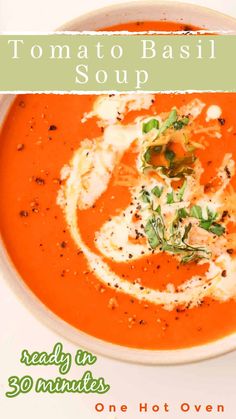 tomato basil soup in a white bowl with the title overlay