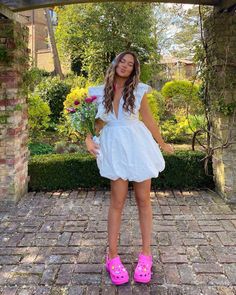 Platform Croc Outfits, Dress With Crocs Outfit, Crocs With Dress Outfit, Crocs With A Dress, Platform Croc Outfits Women, Crocs With Dress, Summer Mini Dress In Princesscore Style