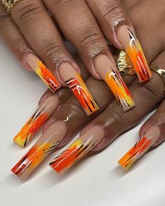 Old School Nail Designs, Old School Nails, Old Nail Designs, Old School Vibes, Orange Acrylic Nails, Curved Nails, Fancy Nails Designs, School Vibes, Dope Nail Designs