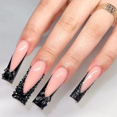 24Pcs 3D Long Ballet False Nails White Coffin Wave with French Design Wearable Fake Nails Gold Line Red And Black Graduation Nails, Glam Nails Black, Black N Red Nails, Black Nails Medium Length, Junior H Nails, Black Red Bottom Nails, Black Nails With Red Bottoms, Fye Nails, Full Cover Nail Tips