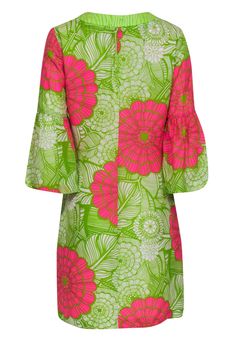 Get ready to conquer the day in this floral dress from Trina Turk. The vibrant classic combo of pink and green florals make a statement, complete with complementing green zebra trim at the neckline and fun bell sleeves. Pair with wedge sandals, a causal woven clutch and pearl earrings for a bright daytime look. Size 8 Green Bold Print Summer Dress, Green V-neck Dress With Vibrant Print, Green Vibrant Print Summer Dress, Green Dresses With Bold Print For Spring, Green Dress With Bold Print For Spring, Pink Dresses With Bold Print For Spring, Green Summer Dress With Vibrant Print, Summer Green Dress With Vibrant Print, Bold Print Green Dress For Vacation