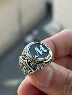 Men Silver Initial Letter Men Rings , Ottoman Style Ring , Signet Man Ring , Monogram Ring , 925k Silver , Christmas Gifts For Men ★Item Details * Gender : Male / Female * Material : 925K Sterling Silver * Total weight :  17  Grams ✔ Ready to Ship in 1-2 Business Days .. ✔ Shipped to the Worldwide 1-5 business days with free shipping... ✔ The product will be sent to you with a handmade wooden box to avoid any damage during shipping... ✔ Visit our store, browse other Men's jewelry, silver and gol Silver Initial Ring, Silver Jewlery, M Monogram, Man Ring, Ottoman Styling, Signet Ring Men, Men Rings, Monogram Ring, Silver Signet Ring