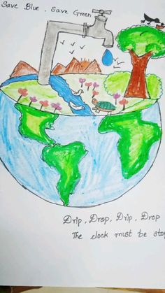 a child's drawing of the earth with trees and water coming out of it