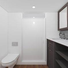 a white toilet sitting next to a sink in a bathroom under a mirror on top of a wooden floor