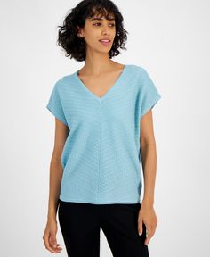 in stock Light Blue Knit V-neck Top, Chic Blue Short Sleeve Knit Top, Blue Textured Knit Top For Spring, Blue Textured Knit Short Sleeve Top, Light Blue Textured Knit Tops For Spring, Light Blue Textured Knit Top, Cap Sleeve Sweater, Sweater Sleeves, Blue Sweaters