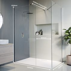 an image of a bathroom setting with measurements for the shower and bathtub enclosures