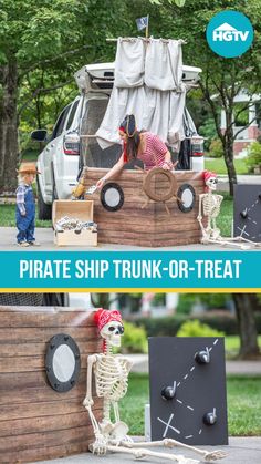 the pirate ship trunk - or - treat is made out of wood and has skeleton parts