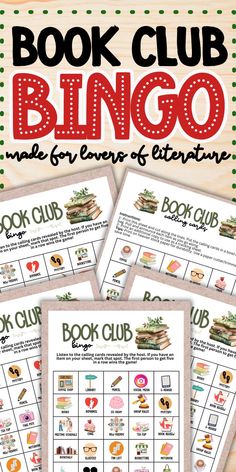 the book club bingo game is shown in four different colors and font, along with an image